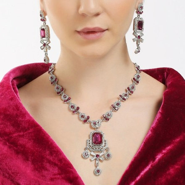 Jewel City Rhodium-Plated Stones Studded Necklace & Earrings With Maang Tika - Distacart