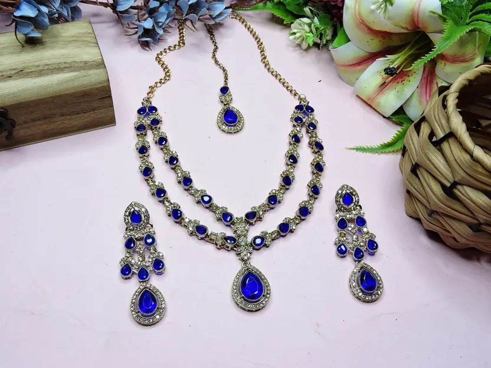 Jewel City Teardrop Bridal Necklace Set with Earrings & Maang Tikka - Ethnic Wedding Jewelry for Brides & Parties - Distacart