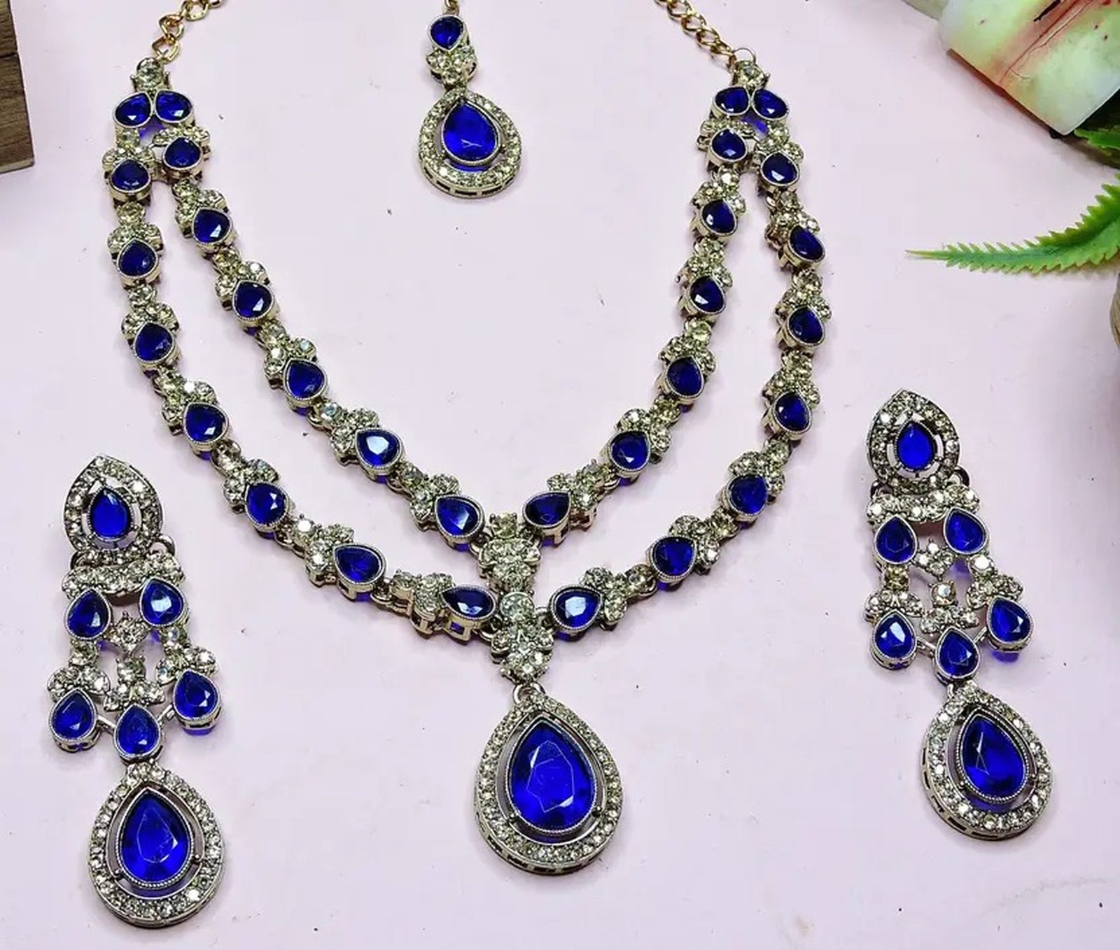Jewel City Teardrop Bridal Necklace Set with Earrings & Maang Tikka - Ethnic Wedding Jewelry for Brides & Parties