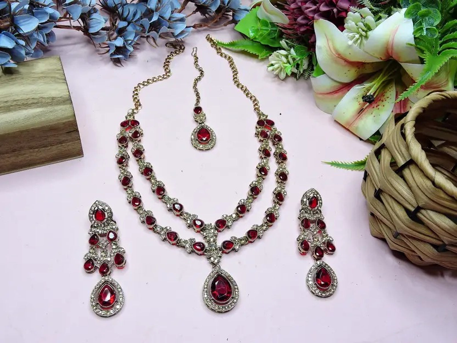 Jewel City Teardrop Bridal Necklace Set with Earrings & Maang Tikka - Ethnic Wedding Jewelry for Brides & Parties