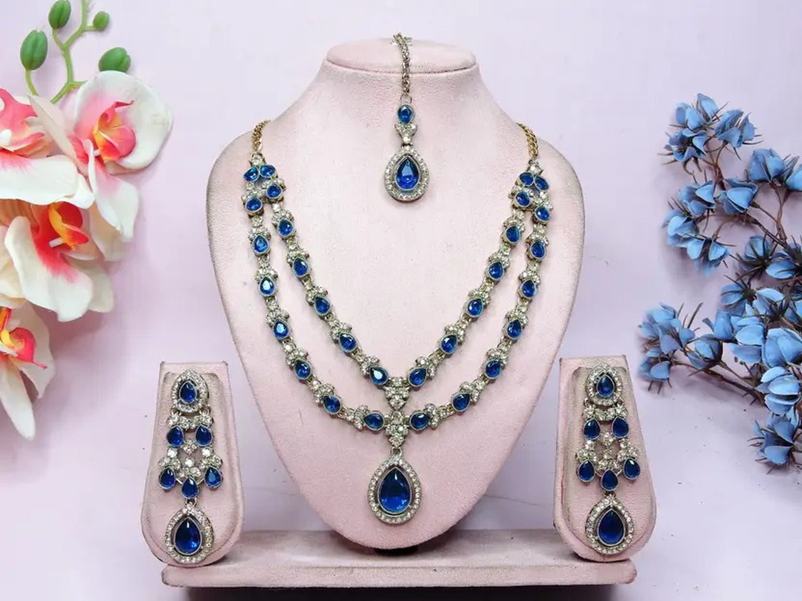 Jewel City Teardrop Bridal Necklace Set with Earrings & Maang Tikka - Ethnic Wedding Jewelry for Brides & Parties