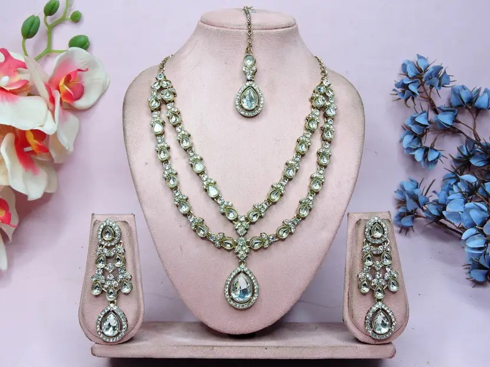 Jewel City Teardrop Bridal Necklace Set with Earrings & Maang Tikka - Ethnic Wedding Jewelry for Brides & Parties - Distacart