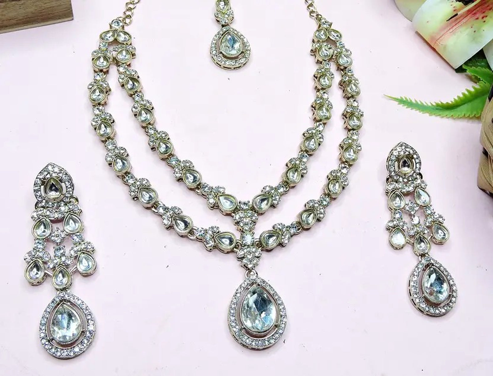 Jewel City Teardrop Bridal Necklace Set with Earrings & Maang Tikka - Ethnic Wedding Jewelry for Brides & Parties - Distacart