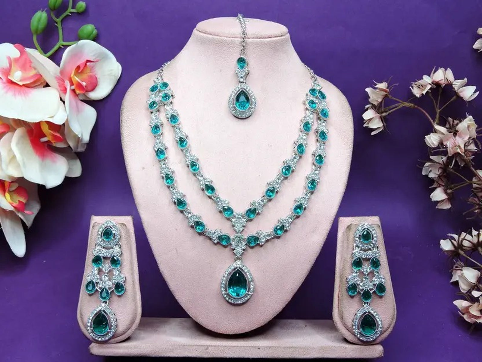 Jewel City Teardrop Bridal Necklace Set with Earrings & Maang Tikka - Ethnic Wedding Jewelry for Brides & Parties - Distacart
