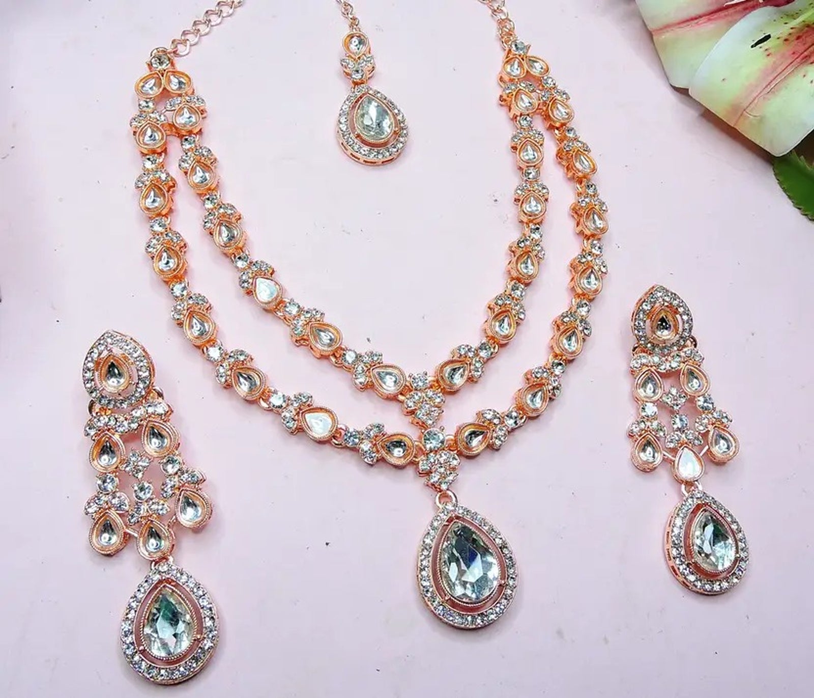 Jewel City Teardrop Bridal Necklace Set with Earrings & Maang Tikka - Ethnic Wedding Jewelry for Brides & Parties