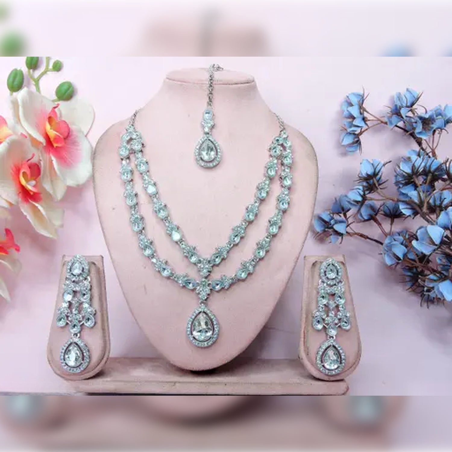 Jewel City Teardrop Bridal Necklace Set with Earrings & Maang Tikka | Ethnic Wedding Jewelry for Brides & Parties