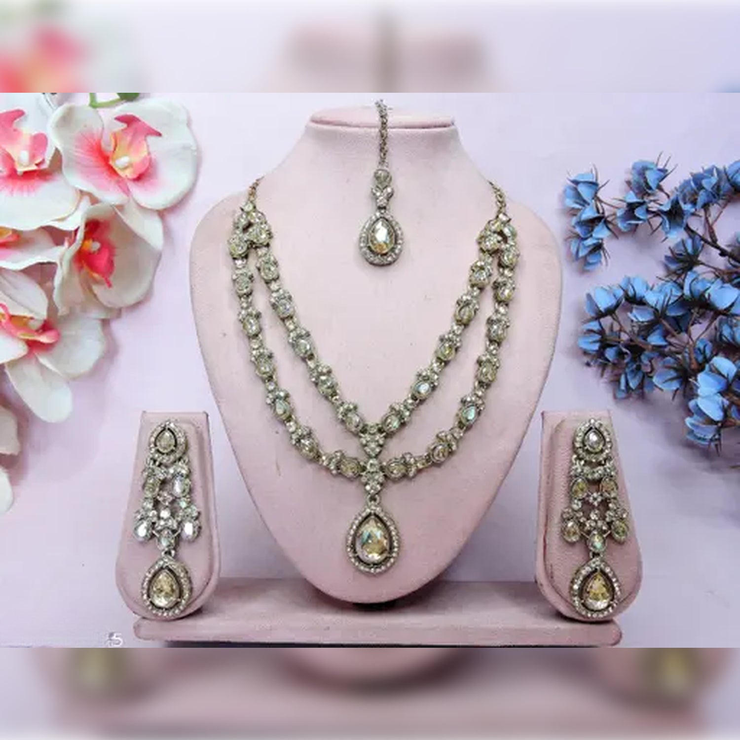 Jewel City Teardrop Bridal Necklace Set with Earrings & Maang Tikka - Ethnic Wedding Jewelry for Brides & Parties