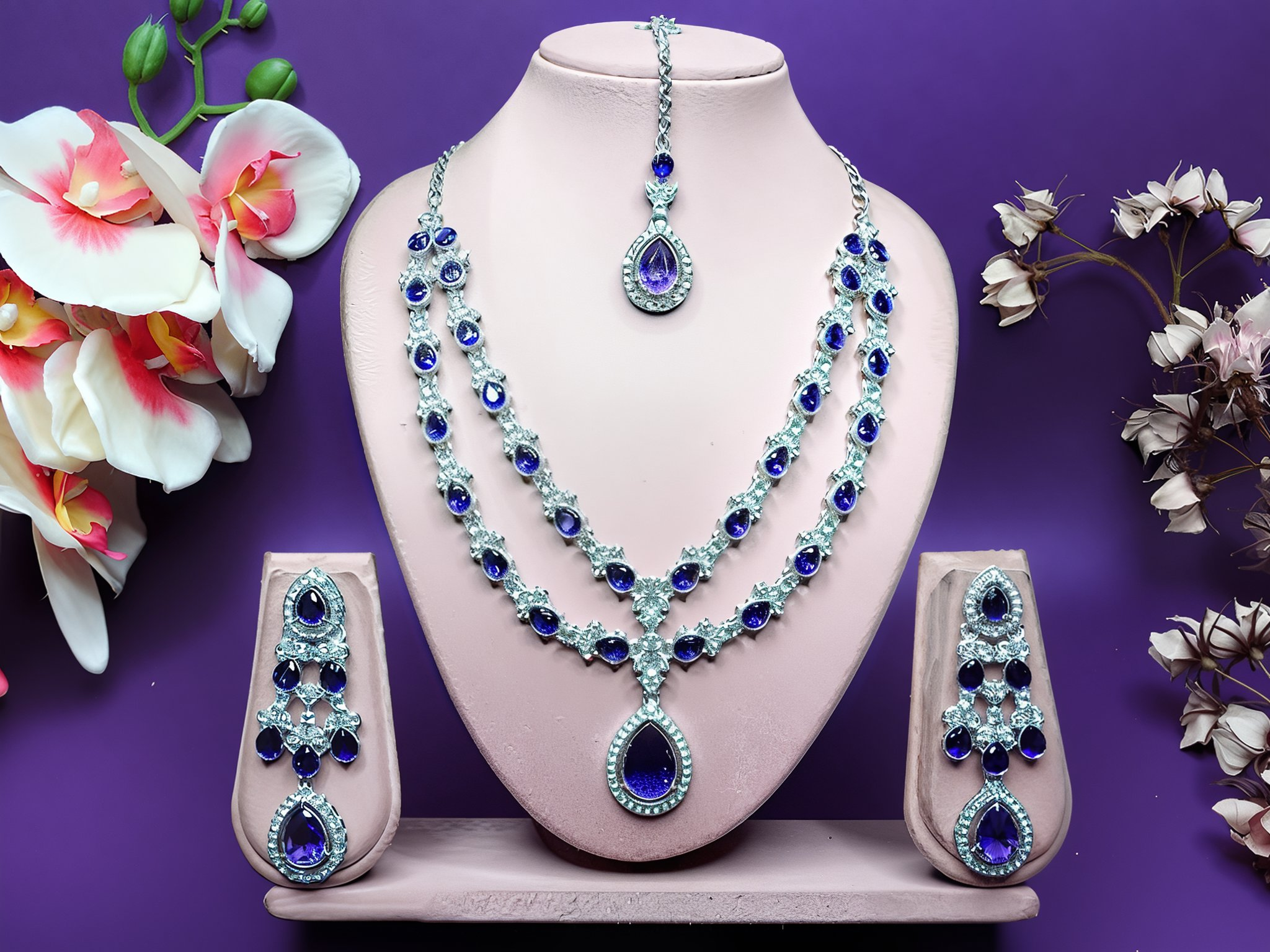 Jewel City Teardrop Bridal Necklace Set with Earrings & Maang Tikka - Ethnic Wedding Jewelry for Brides & Parties