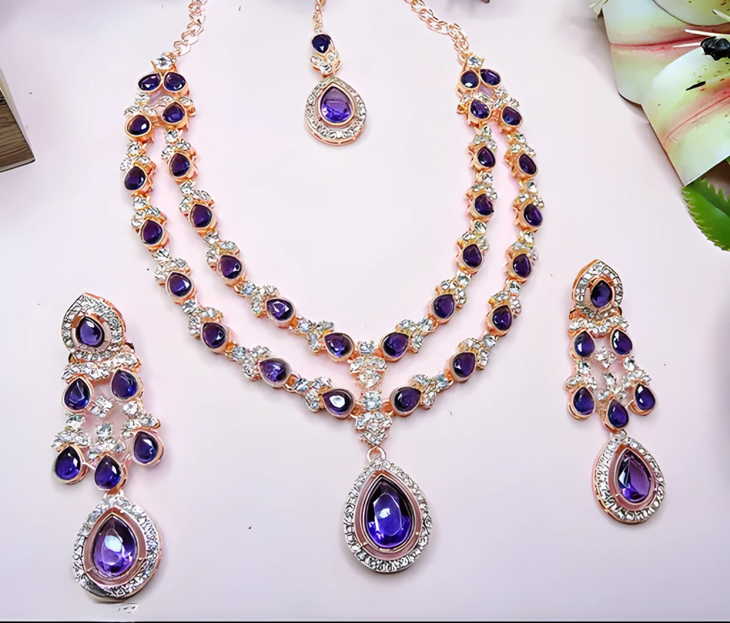 Jewel City Teardrop Bridal Necklace Set with Earrings & Maang Tikka - Ethnic Wedding Jewelry for Brides & Parties - Distacart