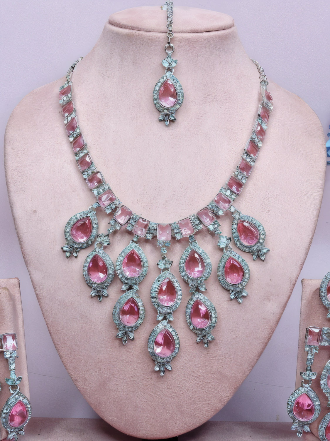 Jewel City Stunning Pink Crystal Bridal Necklace Set with Earrings & Maang Tikka Teardrop Statement Jewelry