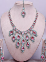 Thumbnail for Jewel City Stunning Pink Crystal Bridal Necklace Set with Earrings & Maang Tikka Teardrop Statement Jewelry