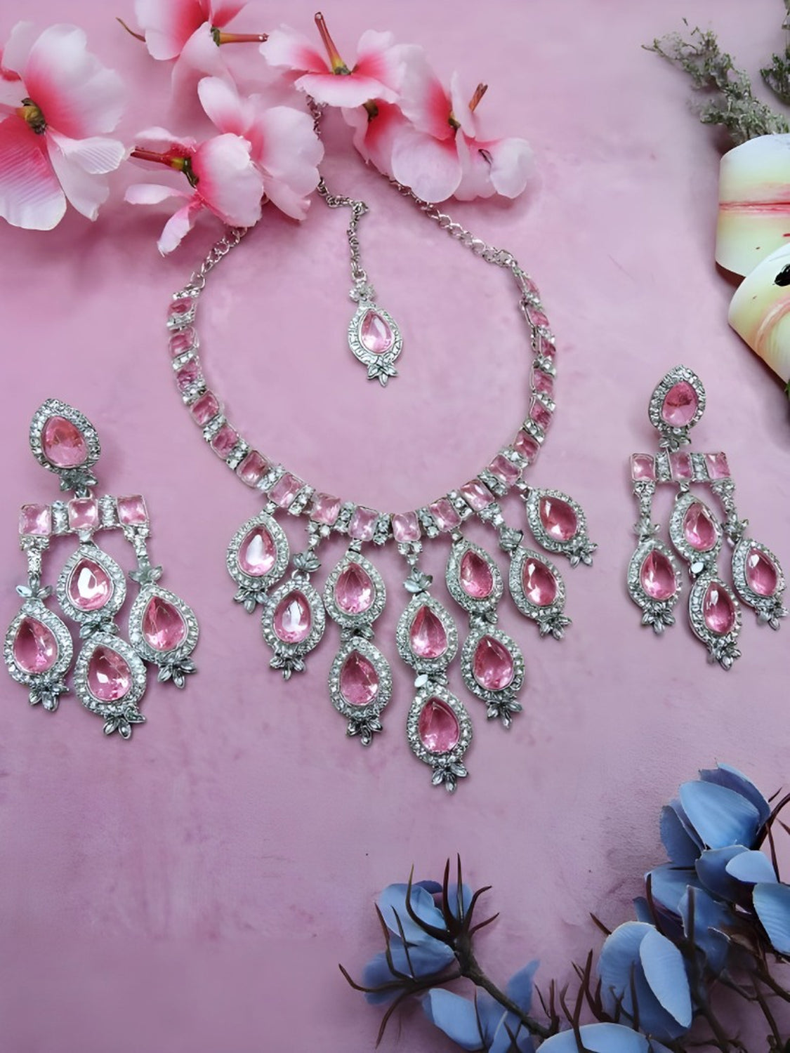 Jewel City Stunning Pink Crystal Bridal Necklace Set with Earrings & Maang Tikka Teardrop Statement Jewelry