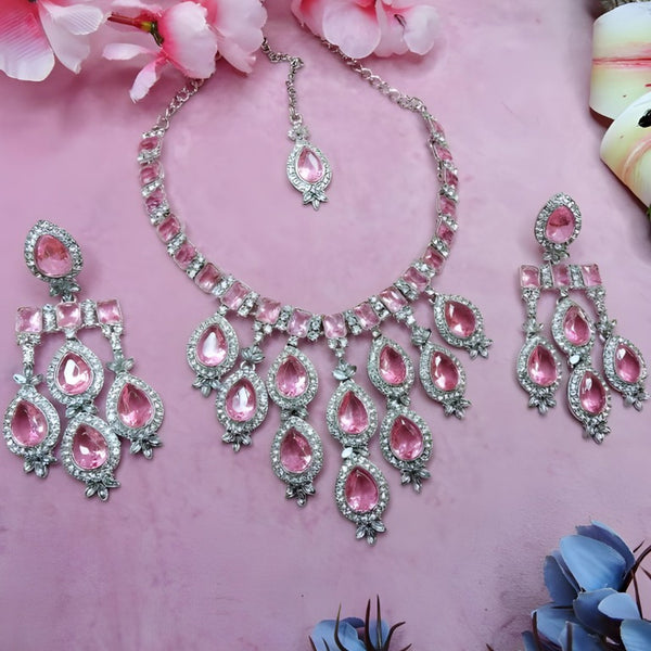 Jewel City Stunning Pink Crystal Bridal Necklace Set with Earrings & Maang Tikka Teardrop Statement Jewelry - Distacart
