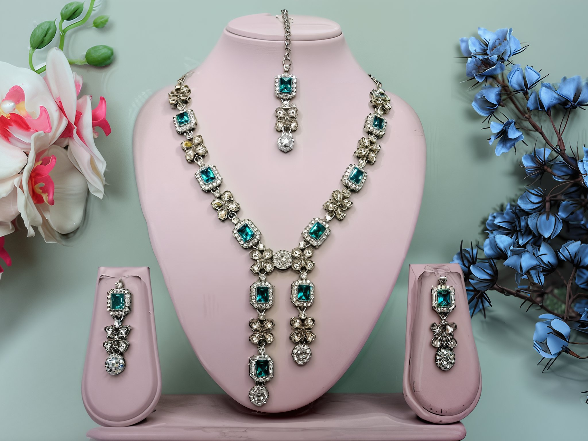 Jewel City Elegant Crystal Floral Necklace Set with Earrings Designer Party Wear Jewelry