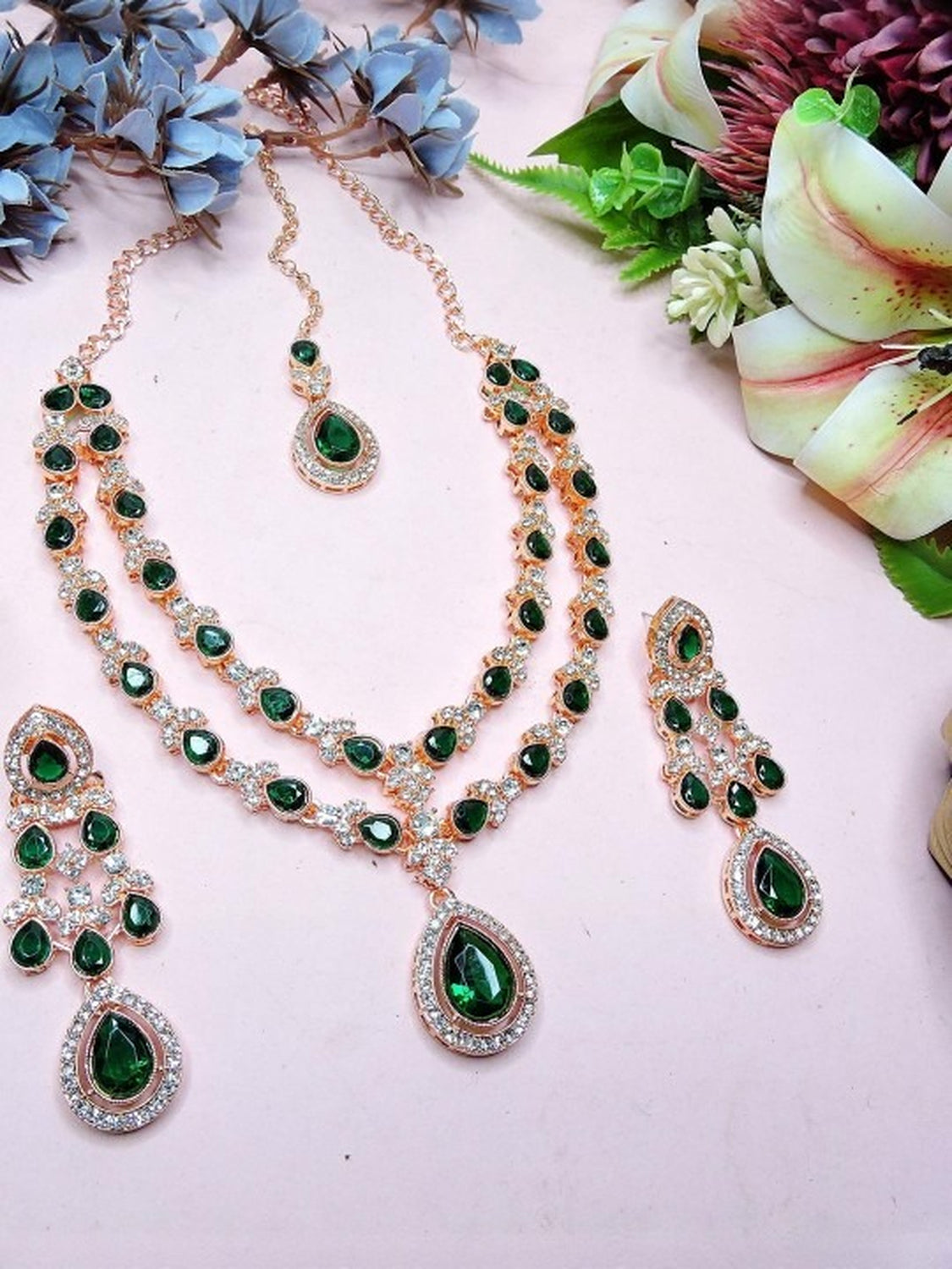 Jewel City Teardrop Bridal Necklace Set with Earrings & Maang Tikka - Ethnic Wedding Jewelry for Brides & Parties - Distacart