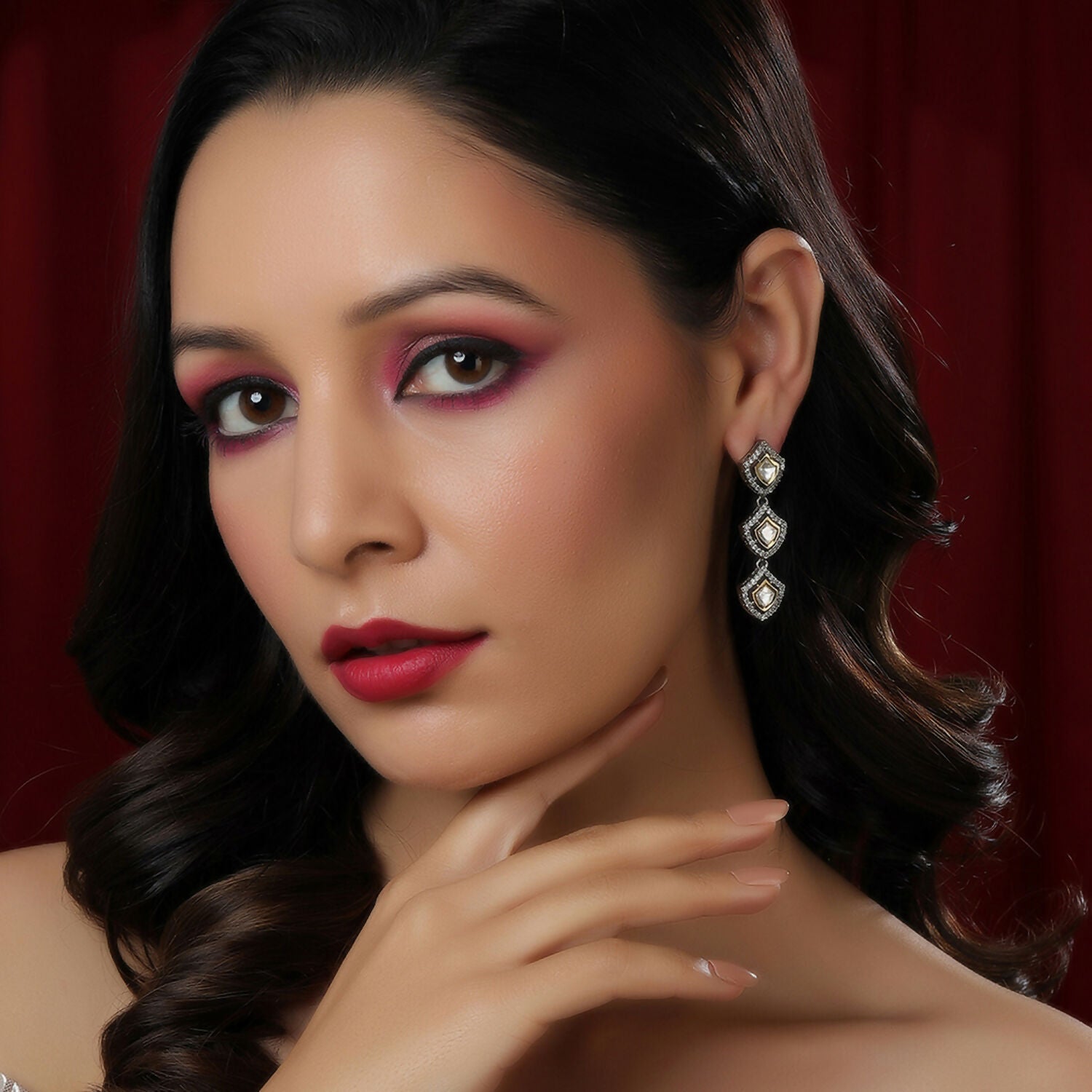 3 Tier Kundan and Diamond Earrings (Silver) - Ruby Raang - Distacart