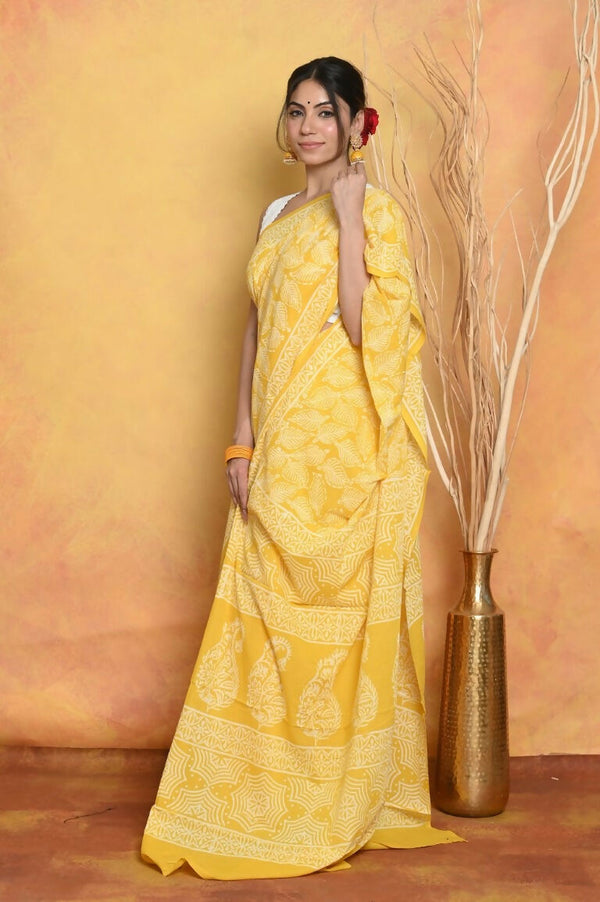 Very Much Indian Handblock Printed Cotton Saree With Natural Dyes - Yellow - Distacart