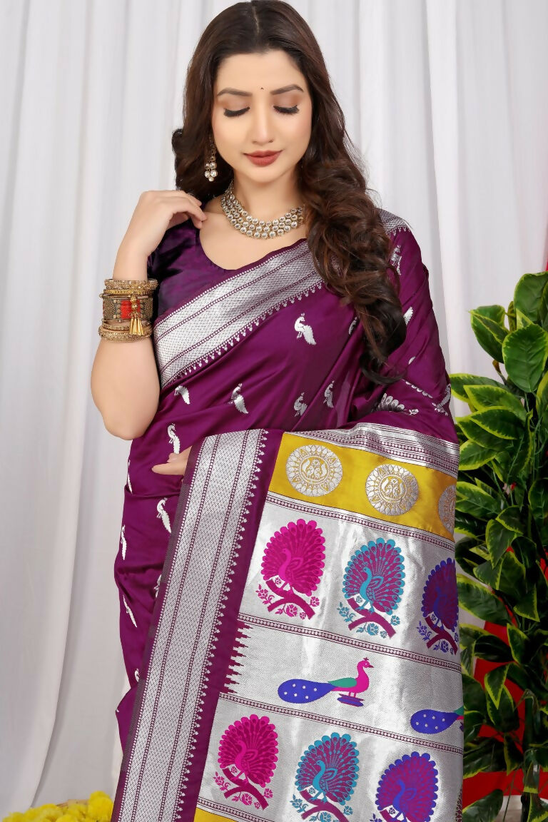 Jyoti Fashion Women's Wine Paithani Silk Zari Woven Saree with Blouse - Distacart