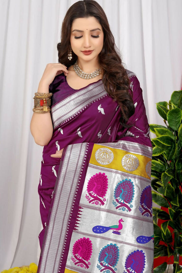 Jyoti Fashion Women's Wine Paithani Silk Zari Woven Saree with Blouse - Distacart