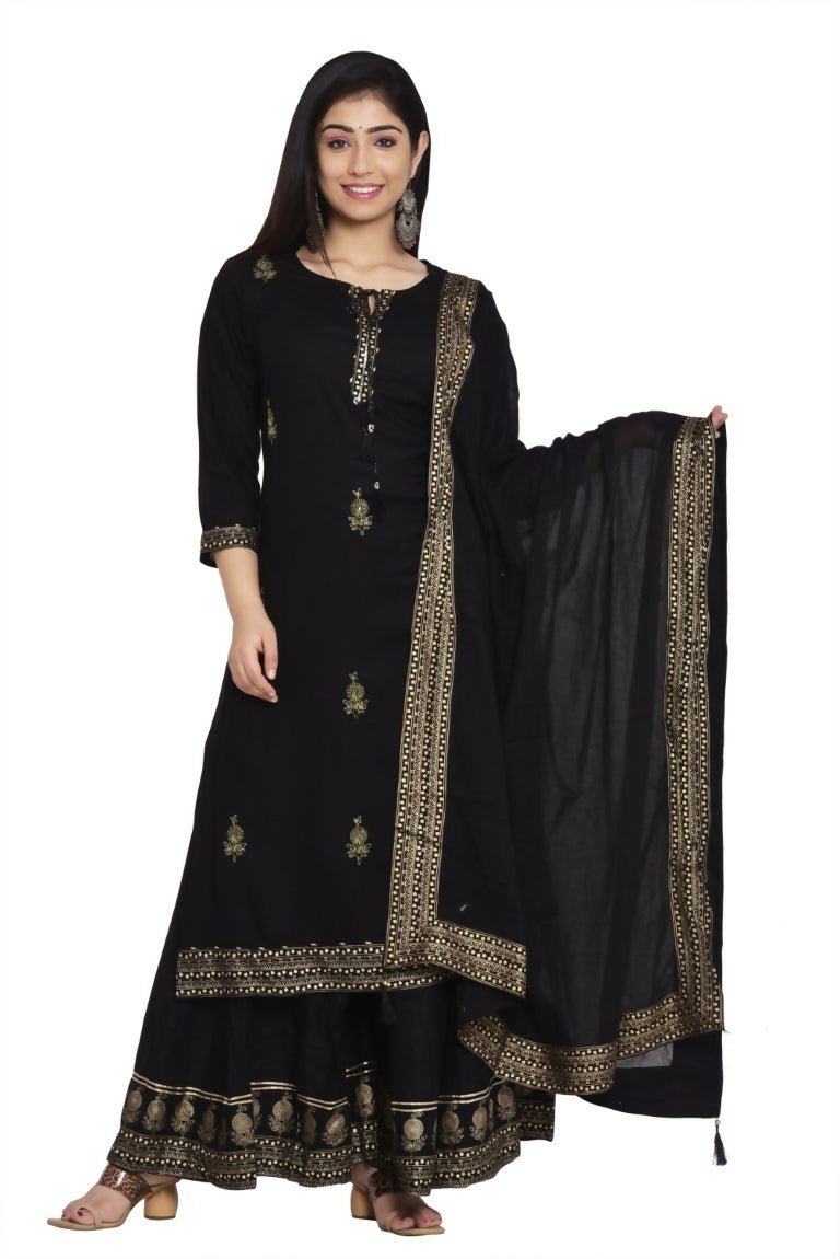 Alvano Women's Gold Zari Print Kurti with Palazzo and Dupatta set Rayon - Distacart