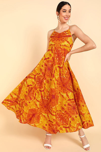 Ahika Orange Cotton Tie-Dyed Maxi Dress - Distacart