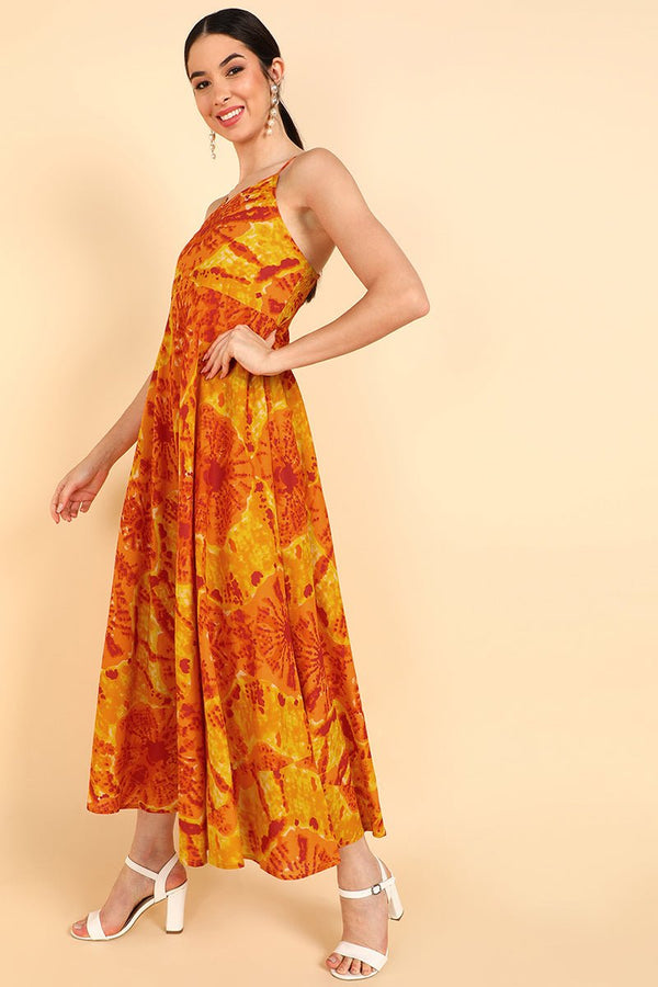 Ahika Orange Cotton Tie-Dyed Maxi Dress - Distacart