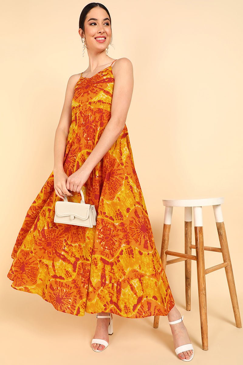 Ahika Orange Cotton Tie-Dyed Maxi Dress - Distacart
