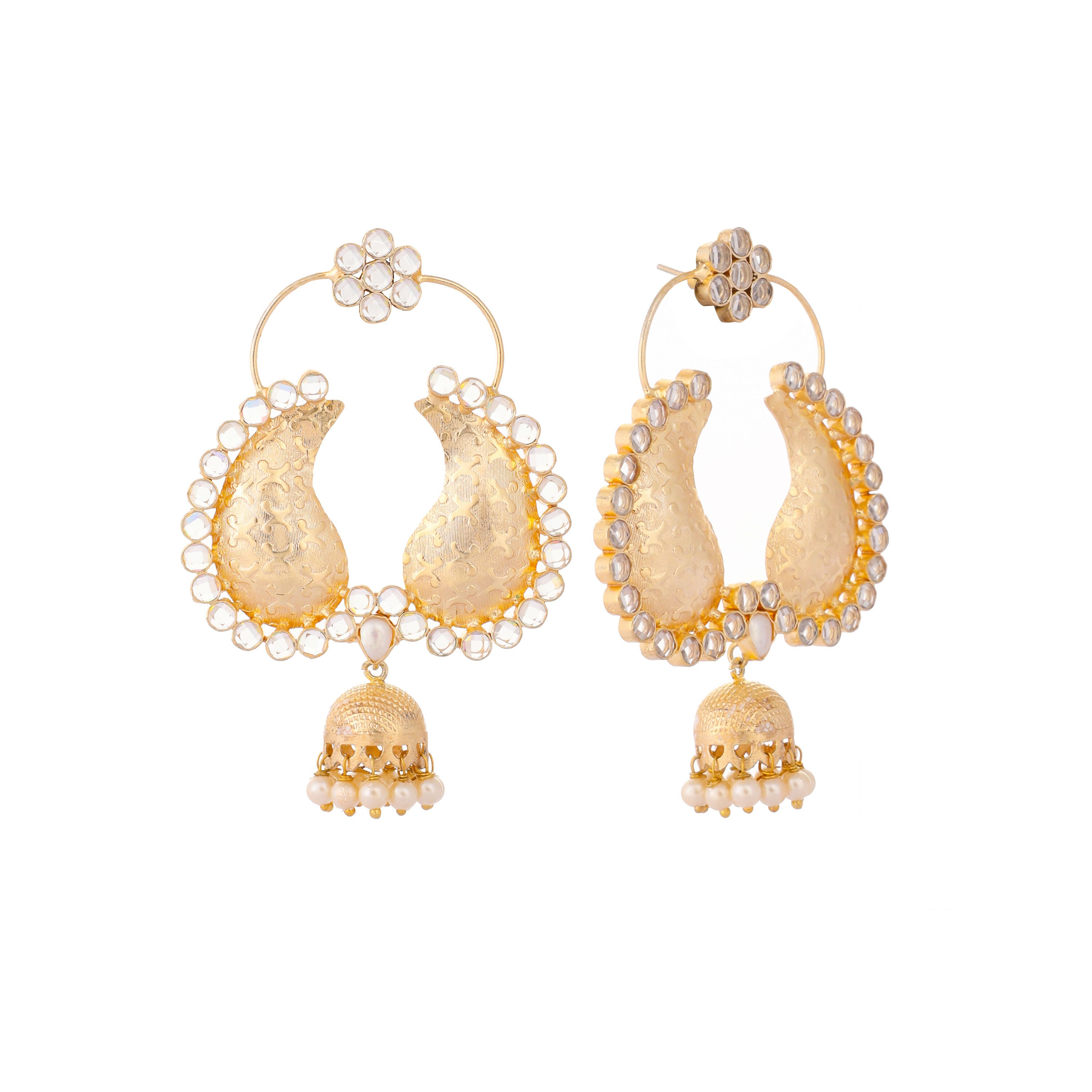 Nuyug 22K Gold Plated White Stone Studded Contemporary Mini Jhumki Dangler Earrings