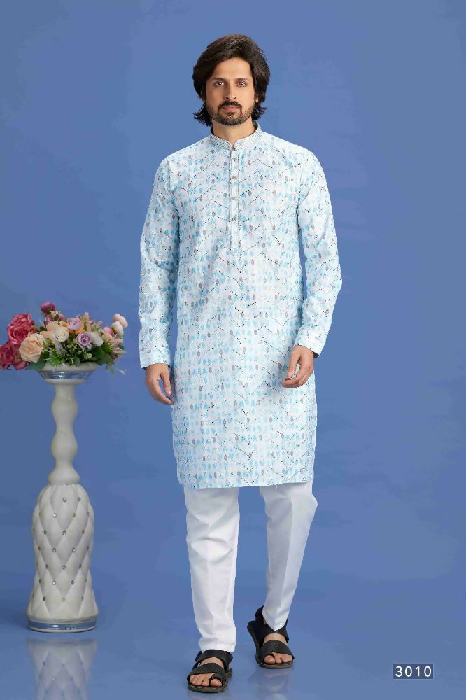 Raivat Ethnic Cotton Embroidery Kurta Pajama In Sky Blue Colour - Dista
