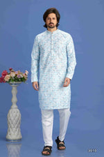 Thumbnail for Raivat Ethnic Cotton Embroidery Kurta Pajama In Sky Blue Colour - Dista