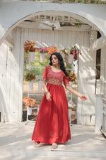 Thumbnail for Aastha Fashion Women's Orange Faux Blooming Embroidery Zari Sequins-work Gown - Distacart