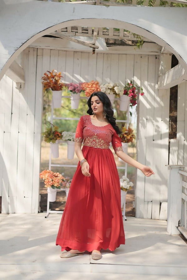 Aastha Fashion Women's Orange Faux Blooming Embroidery Zari Sequins-work Gown - Distacart