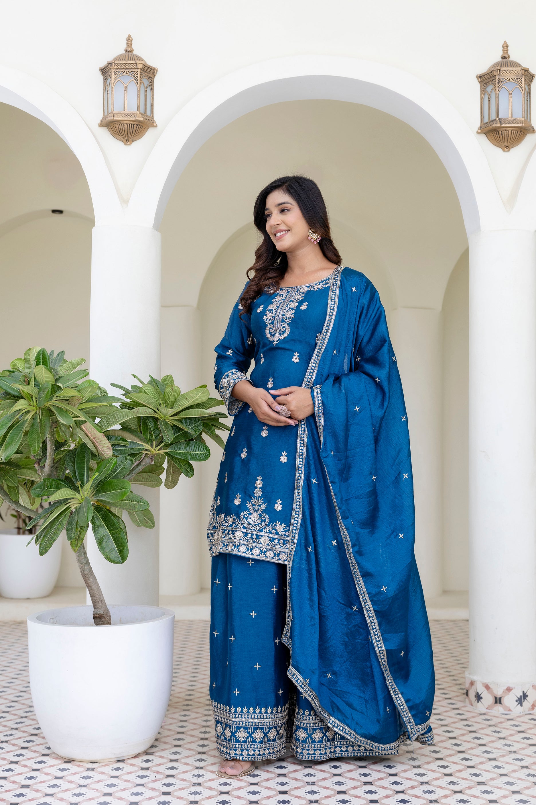 Lehenga Mart Designer Chinon Ready to wear Kurta Palazzo Dupatta for Women - Blue