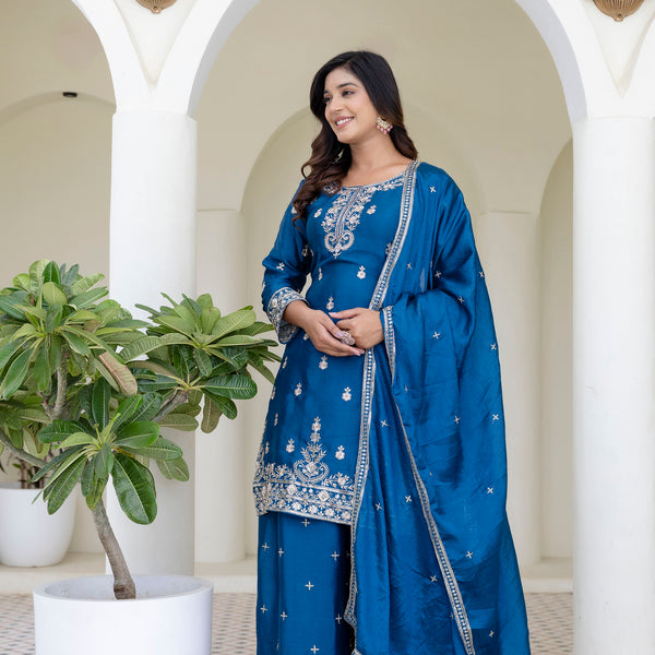 Lehenga Mart Designer Chinon Ready to wear Kurta Palazzo Dupatta for Women - Blue - Distacart
