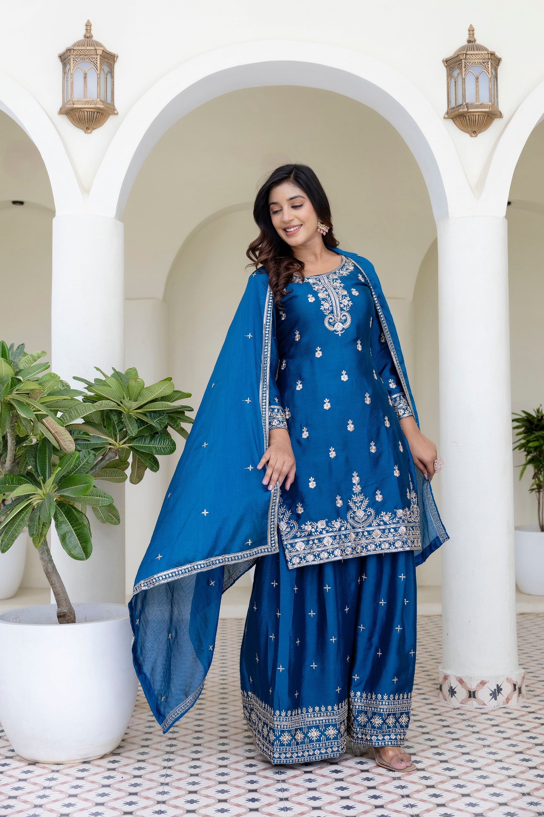 Lehenga Mart Designer Chinon Ready to wear Kurta Palazzo Dupatta for Women - Blue