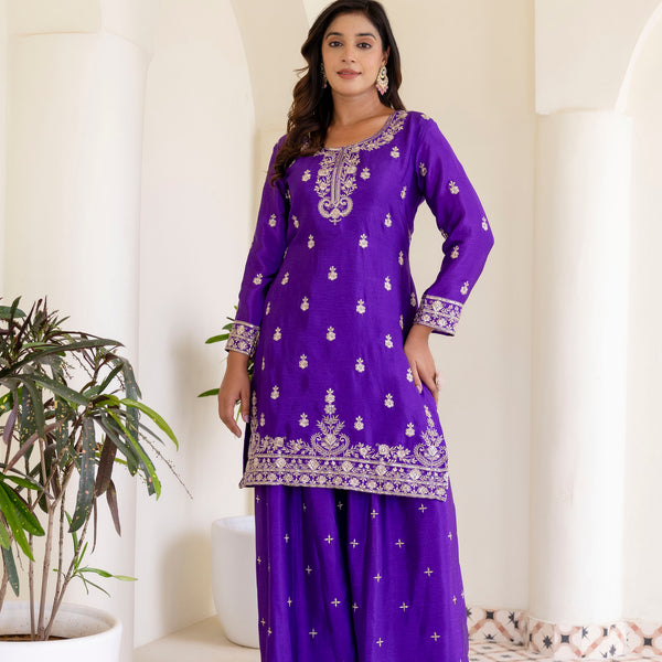 Lehenga Mart Designer Chinon Ready to wear Kurta Palazzo Dupatta for Women - Purple - Distacart