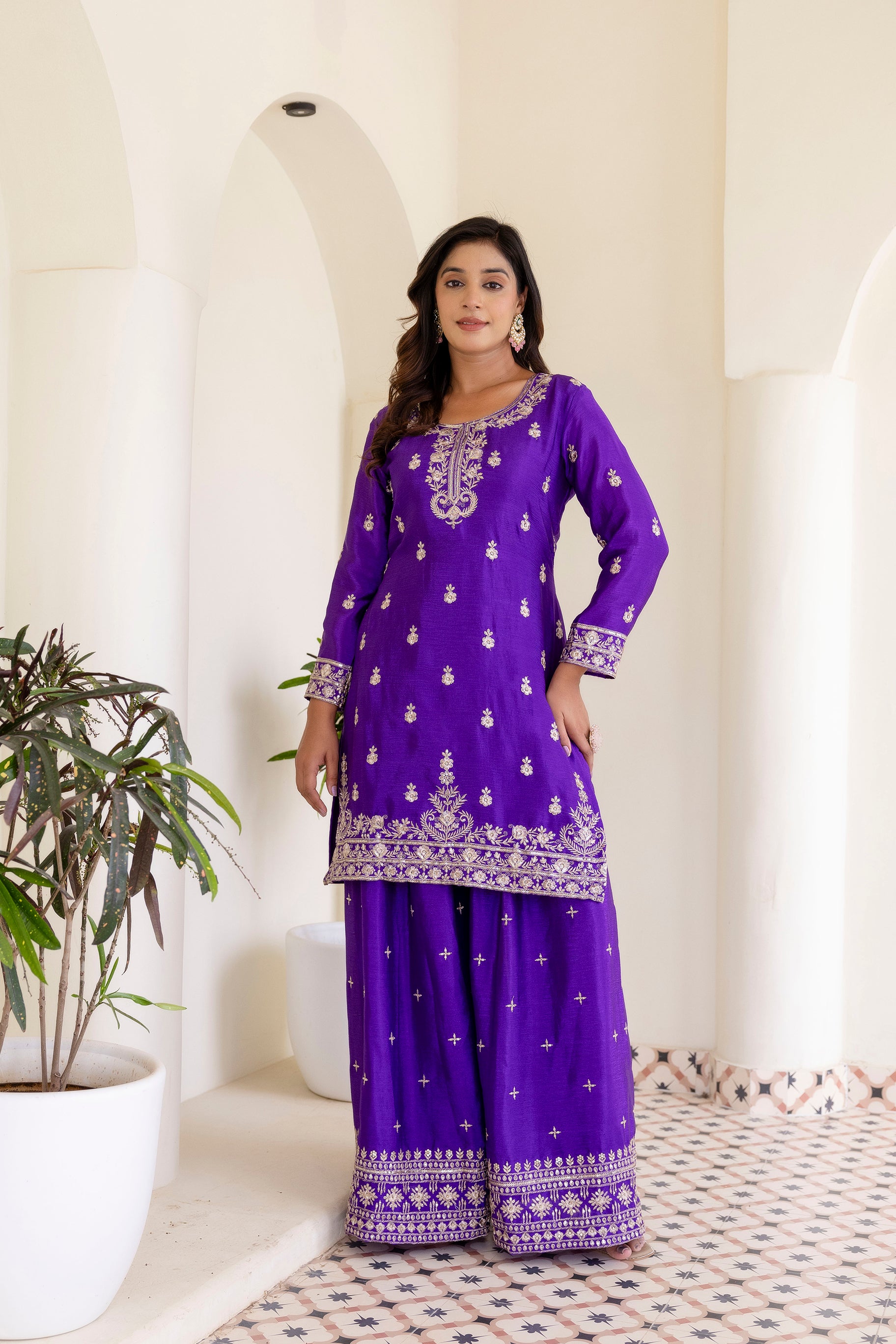 Lehenga Mart Designer Chinon Ready to wear Kurta Palazzo Dupatta for Women - Purple - Distacart