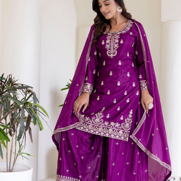 Lehenga Mart Designer Chinon Ready to wear Kurta Palazzo Dupatta for Women - Wine - Distacart