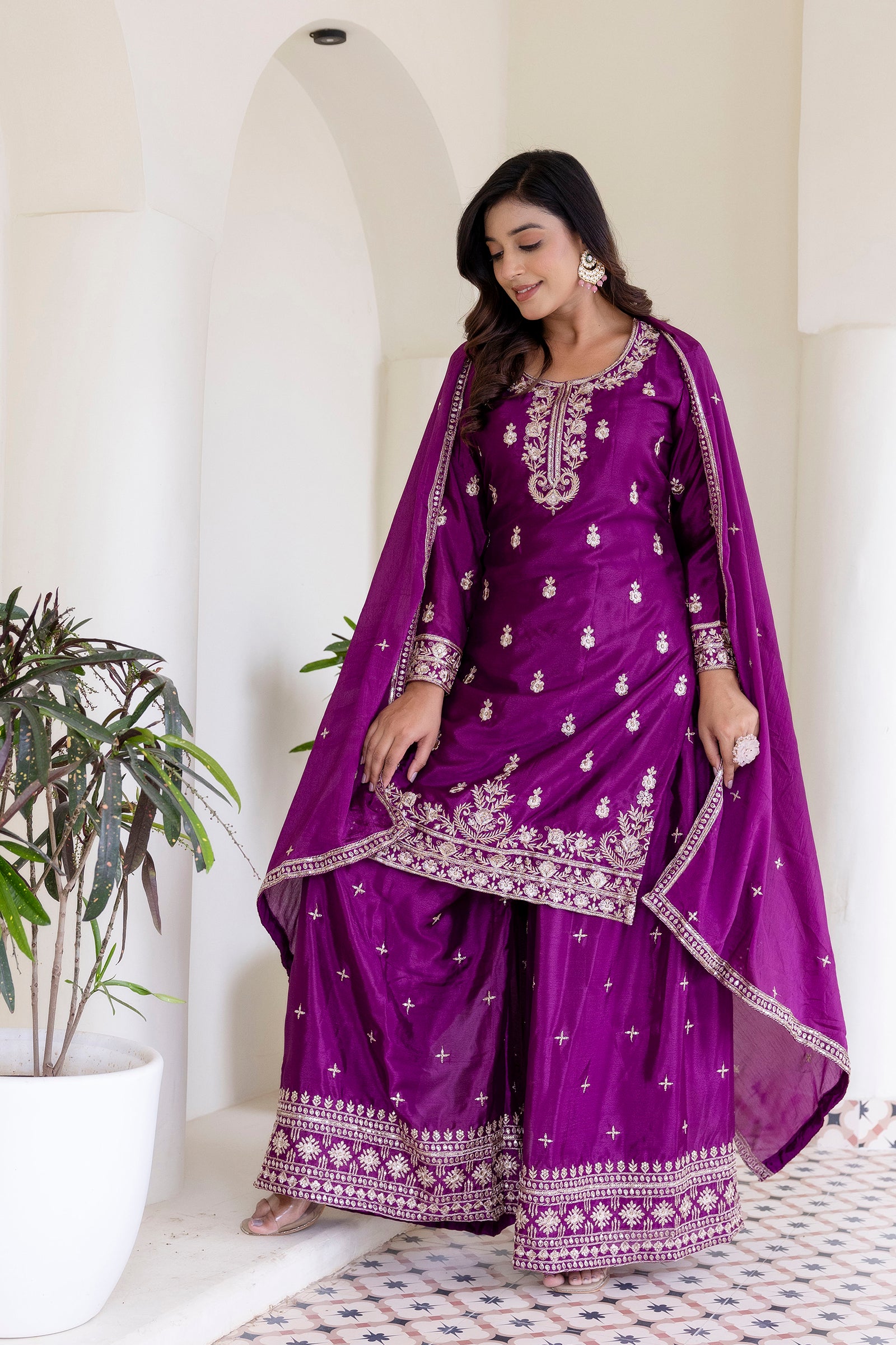 Lehenga Mart Designer Chinon Ready to wear Kurta Palazzo Dupatta for Women - Wine - Distacart