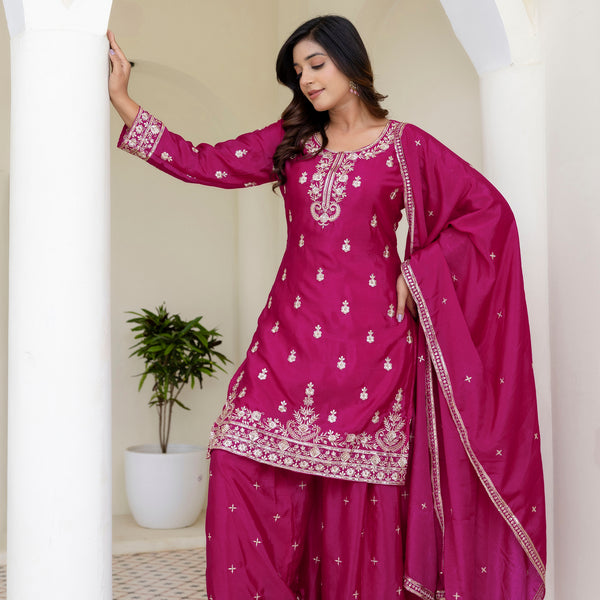 Lehenga Mart Designer Chinon Ready to wear Kurta Palazzo Dupatta for Women - Pink - Distacart