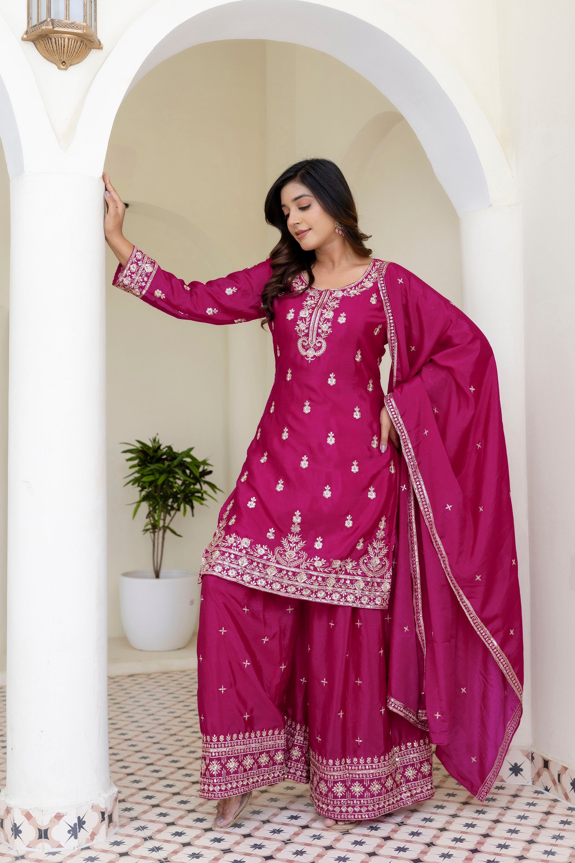 Lehenga Mart Designer Chinon Ready to wear Kurta Palazzo Dupatta for Women - Pink - Distacart