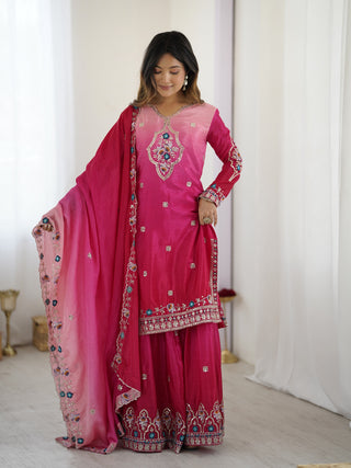 Lehenga Mart Designer Chinon Sharara Suit Dupatta for Women - pink