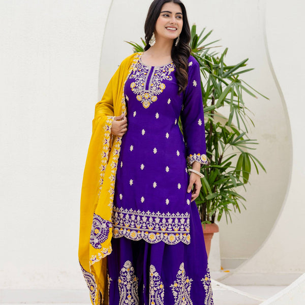 Lehenga Mart Designer Chinon Ready to wear Kurta Palazzo Dupatta for Women - Purple - Distacart