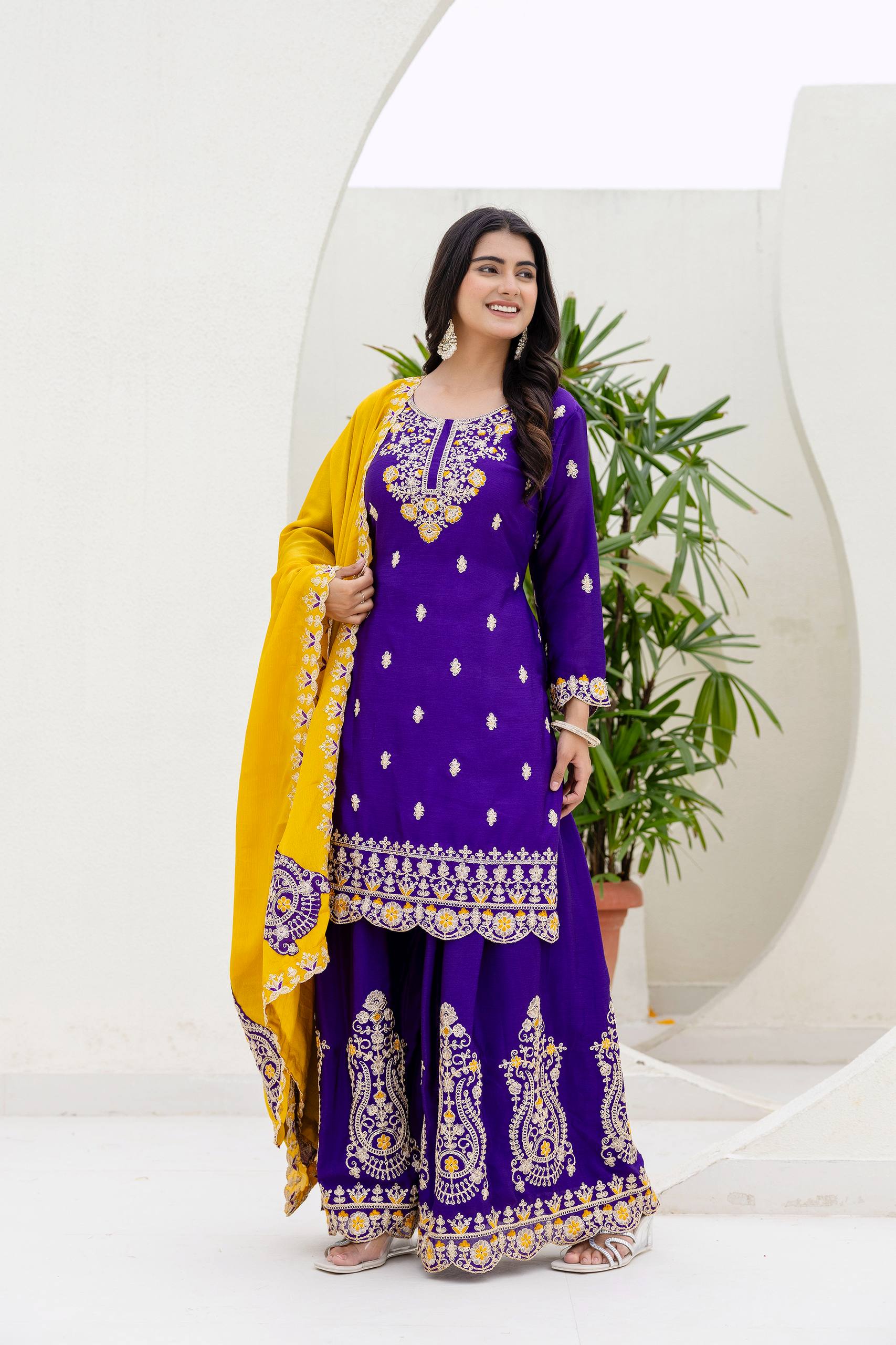 Lehenga Mart Designer Chinon Ready to wear Kurta Palazzo Dupatta for Women - Purple - Distacart