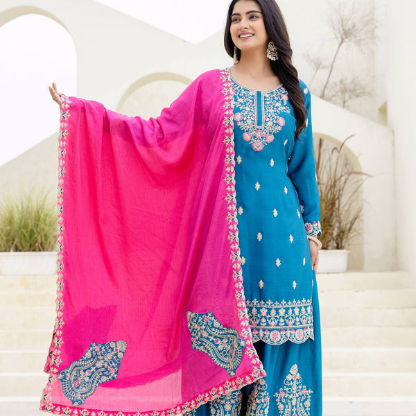 Lehenga Mart Designer Chinon Ready to wear Kurta Palazzo Dupatta for Women - Sky blue - Distacart