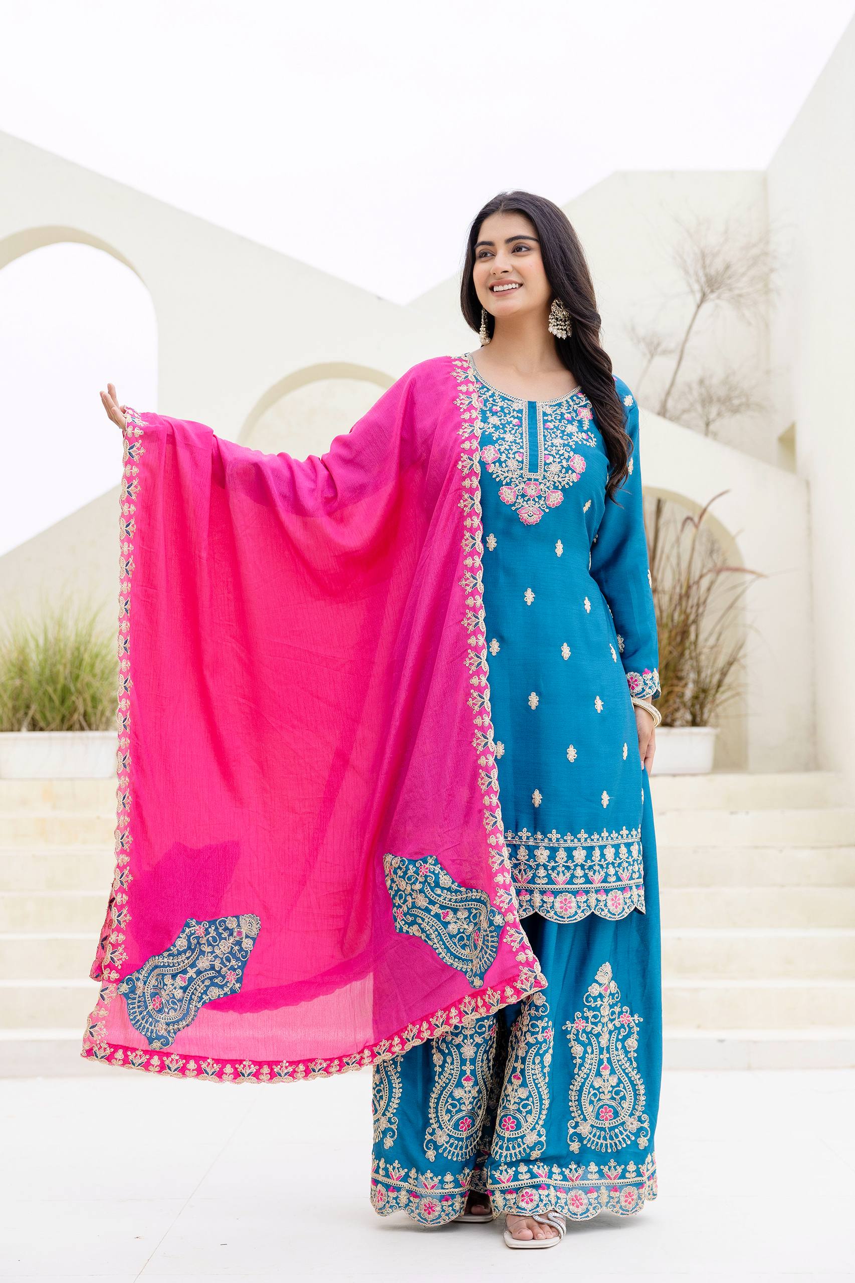 Lehenga Mart Designer Chinon Ready to wear Kurta Palazzo Dupatta for Women - Sky blue - Distacart