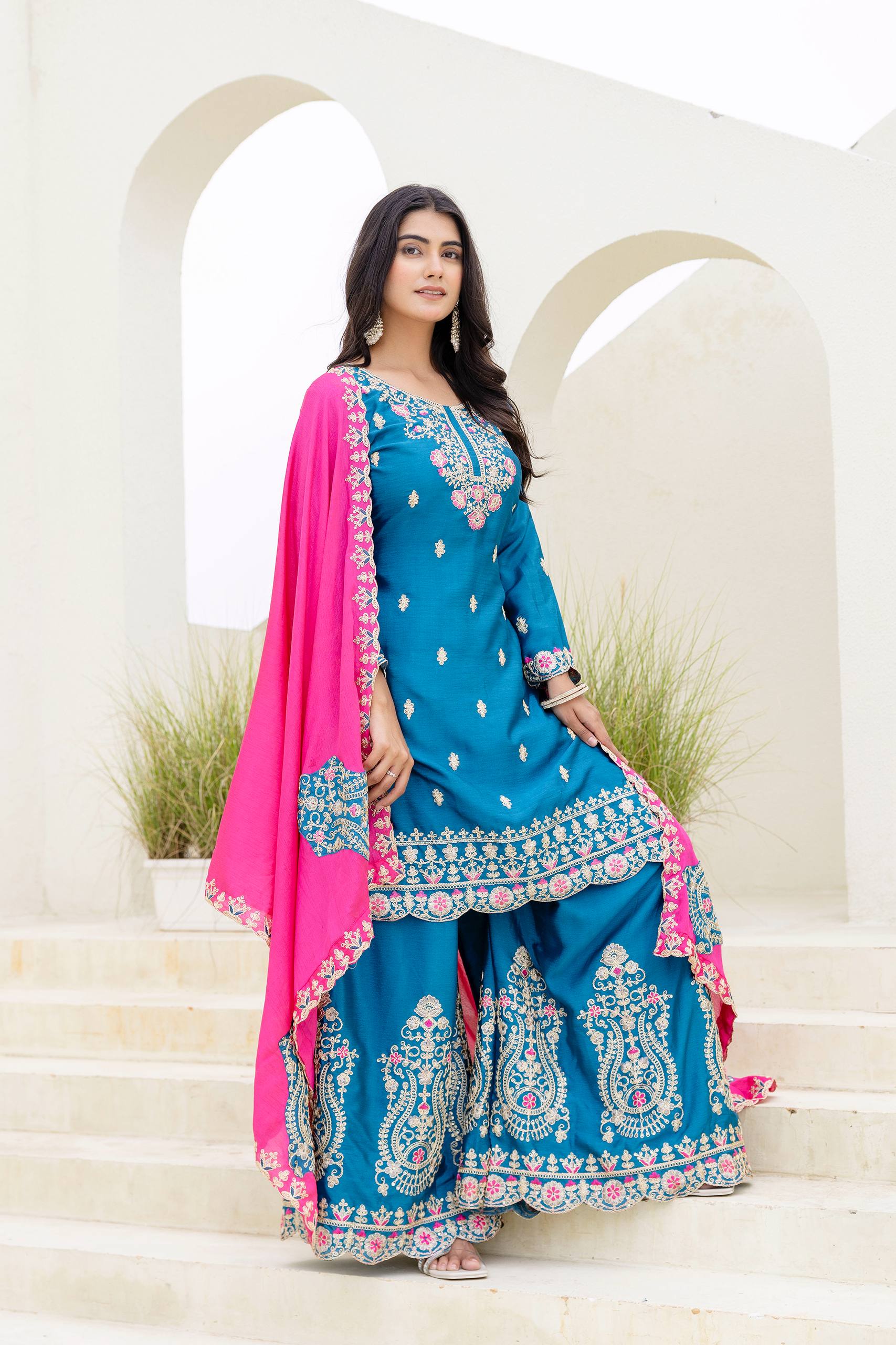 Lehenga Mart Designer Chinon Ready to wear Kurta Palazzo Dupatta for Women - Sky blue