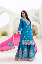 Thumbnail for Lehenga Mart Designer Chinon Ready to wear Kurta Palazzo Dupatta for Women - Sky blue