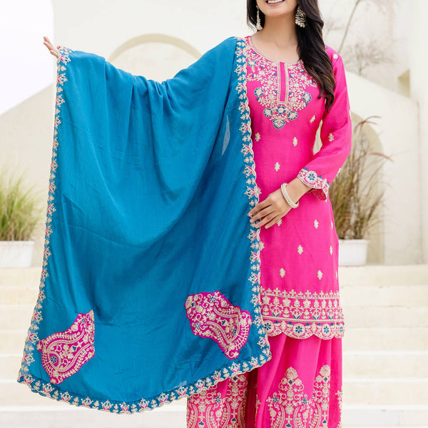 Lehenga Mart Designer Chinon Ready to wear Kurta Palazzo Dupatta for Women - Pink - Distacart