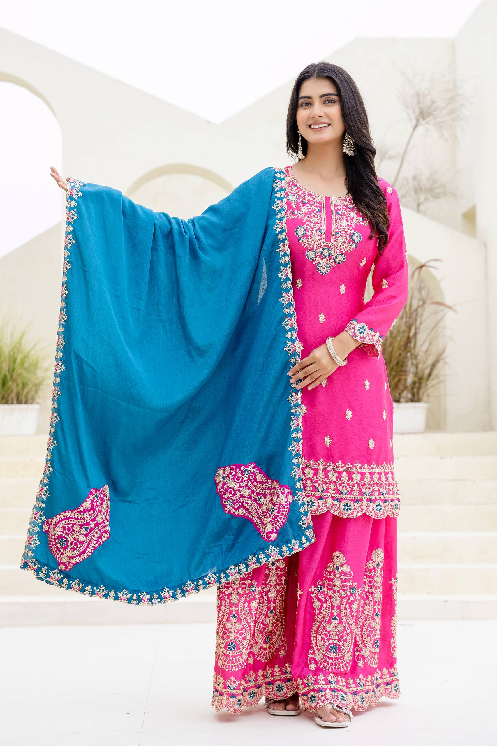 Lehenga Mart Designer Chinon Ready to wear Kurta Palazzo Dupatta for Women - Pink - Distacart